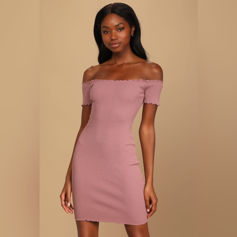 Growing Bolder Dusty Plum Ribbed Off-the-Shoulder Bodycon Dress, M